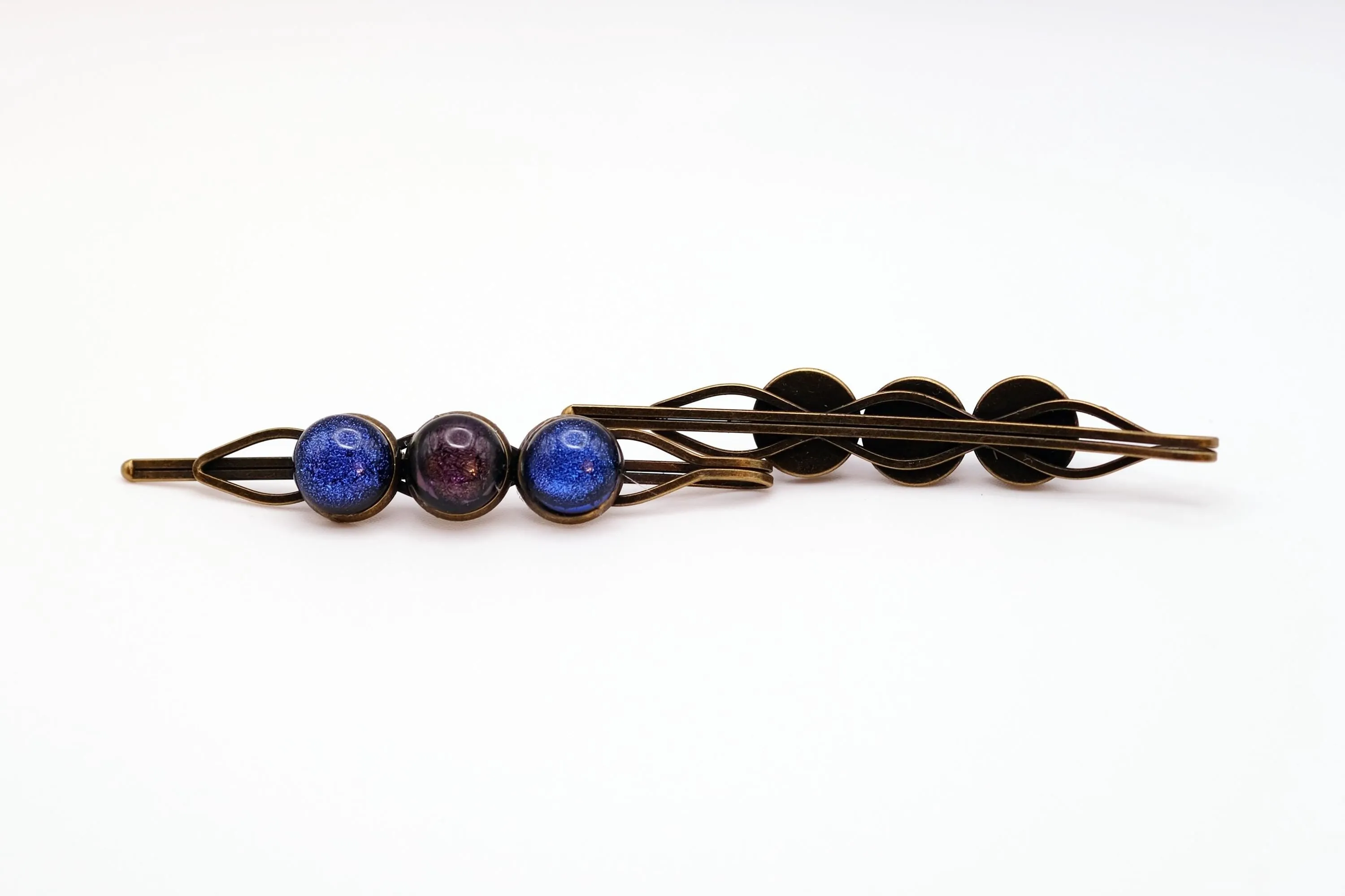 Bronze colored Bobby pin pair with 3 colored fused glass cabochons (shades of Purple & Blue), 3 inches