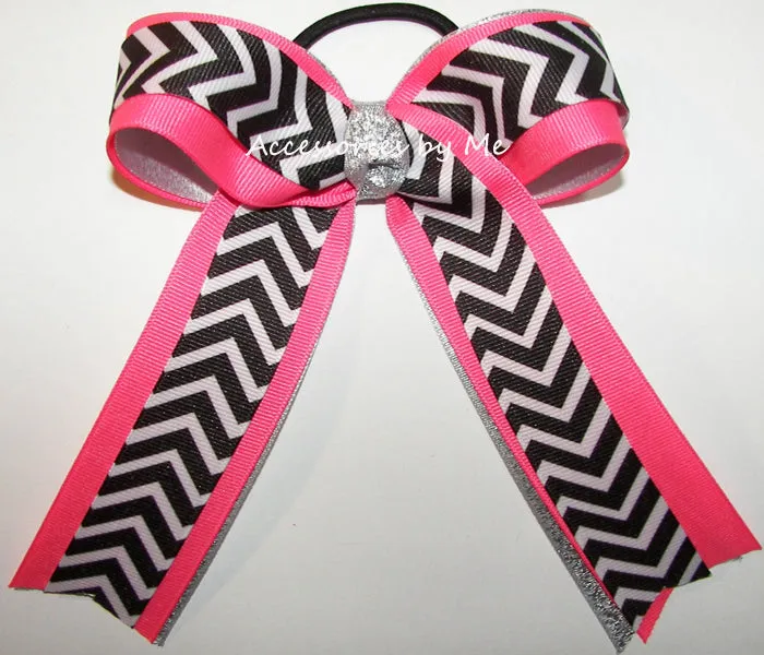 Chevron Black Silver Hot Pink Ponytail Bow