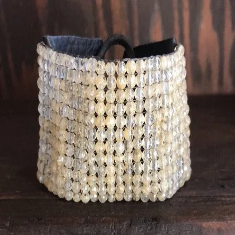 Citrine Beaded Cuff on Black Deerskin Leather