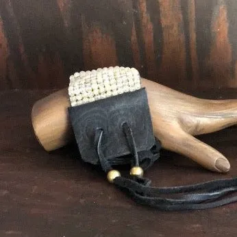 Citrine Beaded Cuff on Black Deerskin Leather