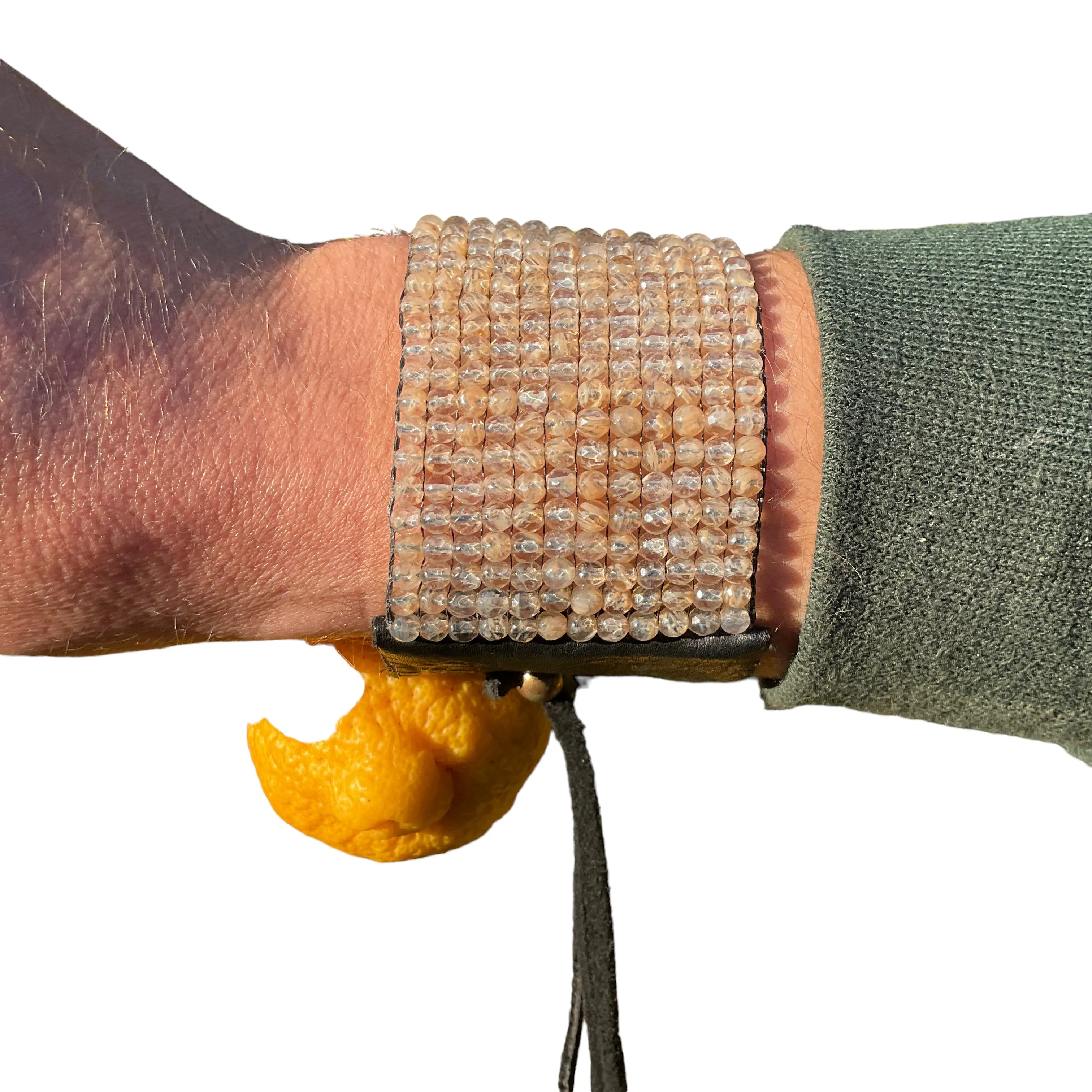 Citrine Beaded Cuff on Black Deerskin Leather