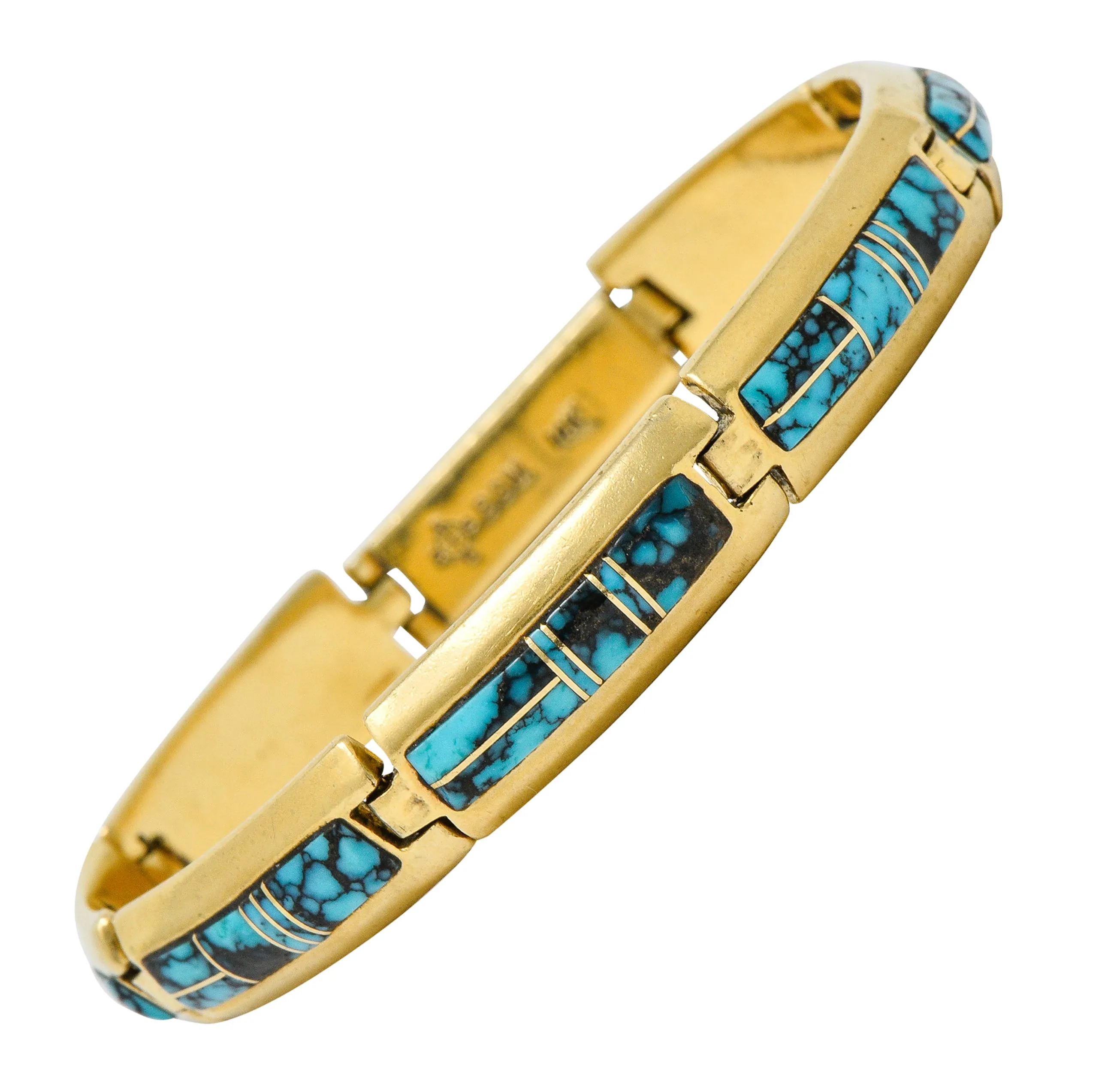 Contemporary B.G. Mudd Turquoise Inlay 14 Karat Gold Link Bracelet