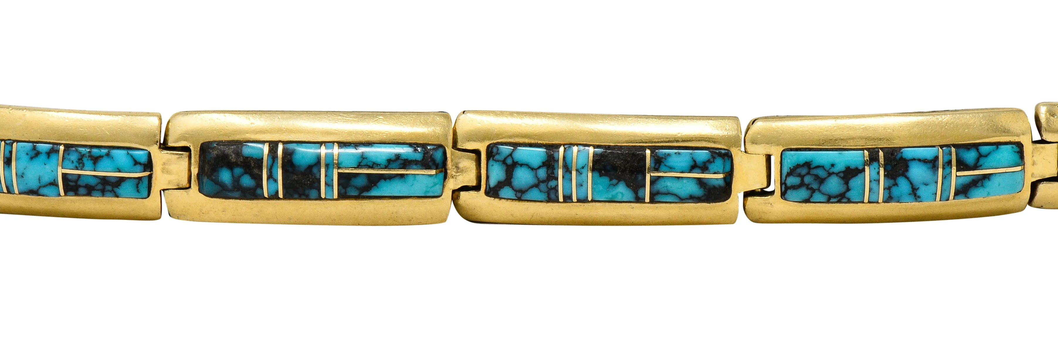 Contemporary B.G. Mudd Turquoise Inlay 14 Karat Gold Link Bracelet