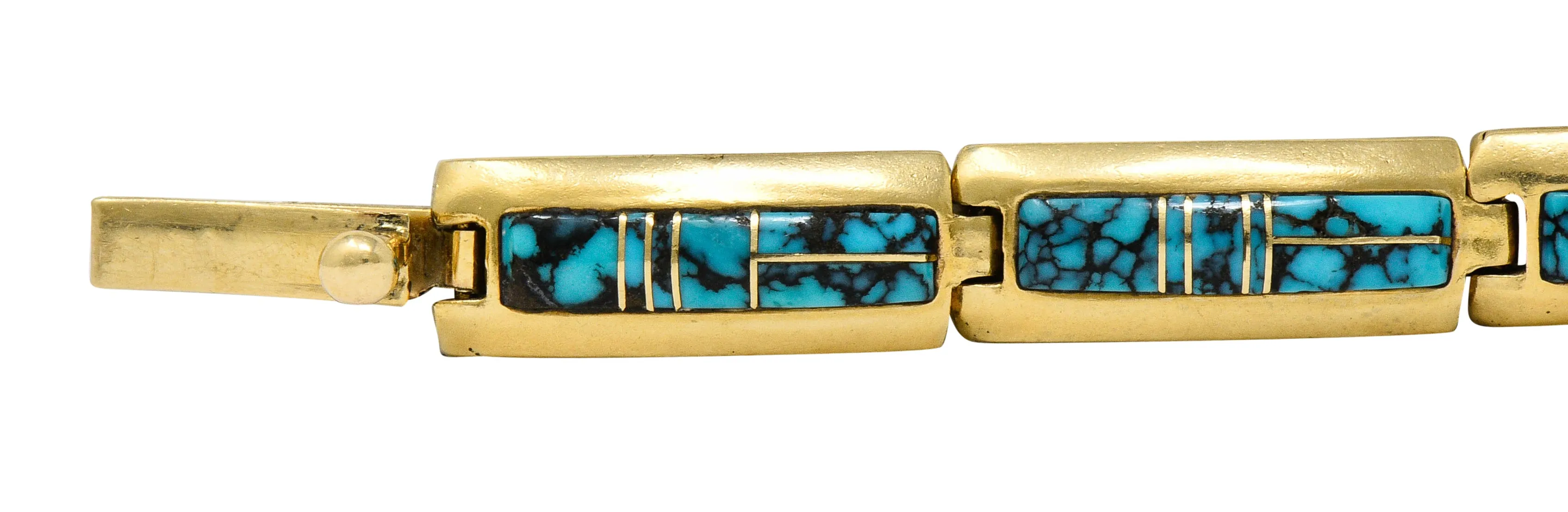 Contemporary B.G. Mudd Turquoise Inlay 14 Karat Gold Link Bracelet