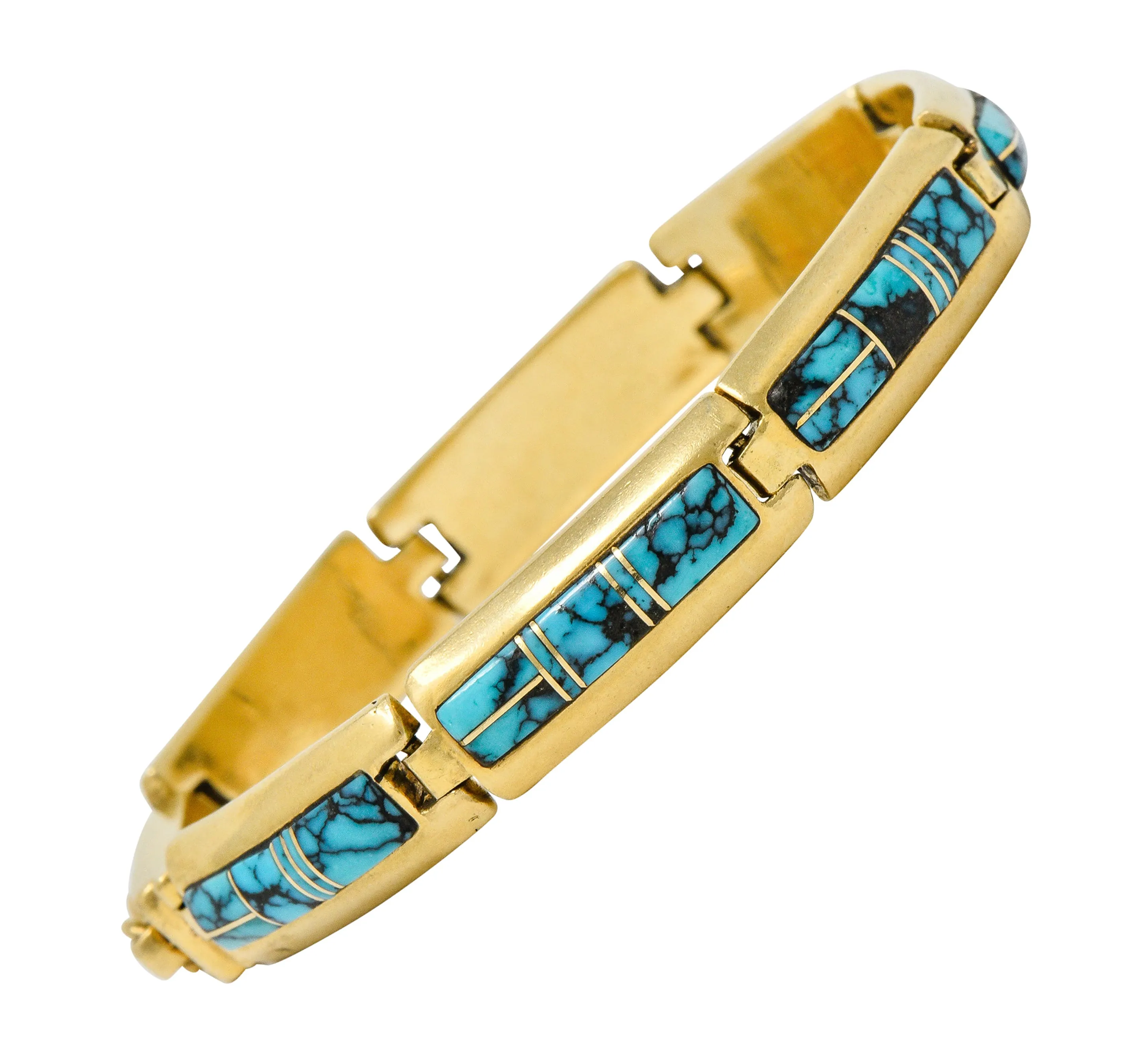 Contemporary B.G. Mudd Turquoise Inlay 14 Karat Gold Link Bracelet