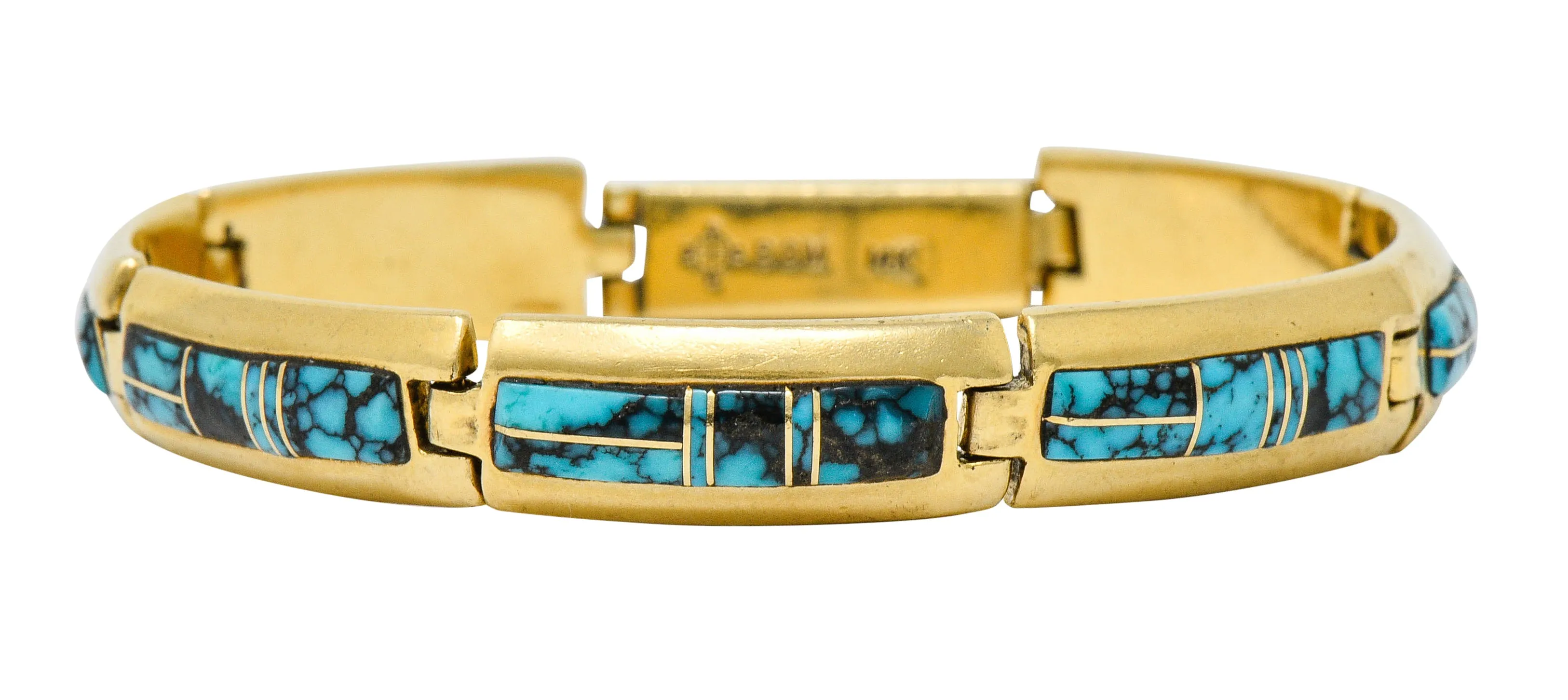 Contemporary B.G. Mudd Turquoise Inlay 14 Karat Gold Link Bracelet