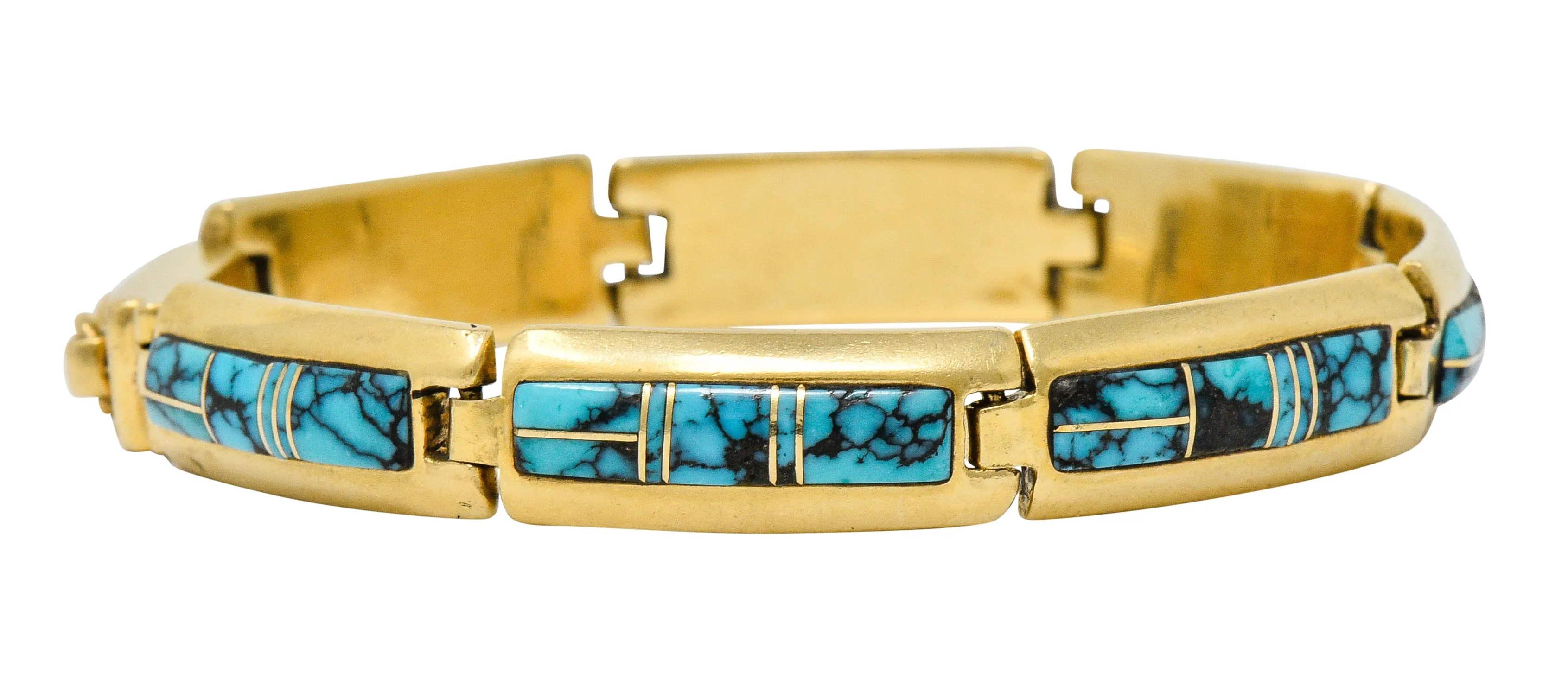 Contemporary B.G. Mudd Turquoise Inlay 14 Karat Gold Link Bracelet