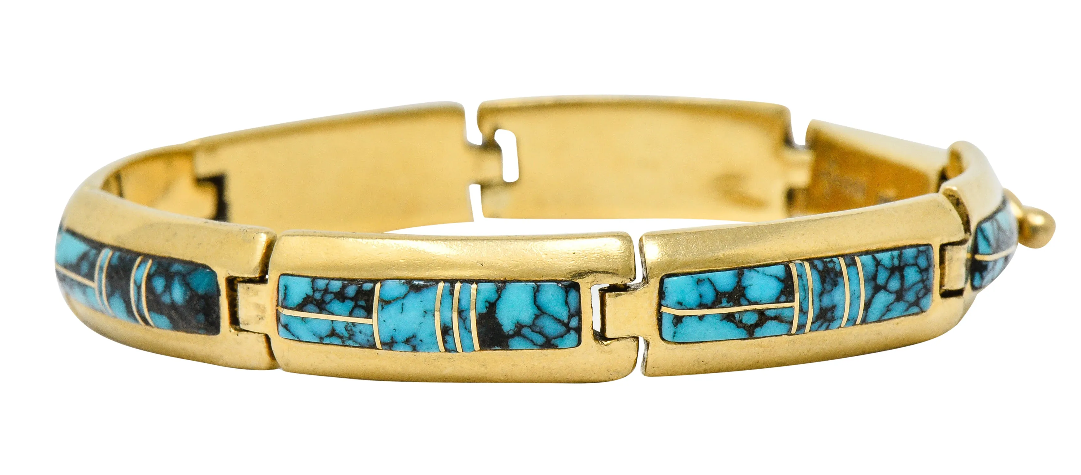 Contemporary B.G. Mudd Turquoise Inlay 14 Karat Gold Link Bracelet