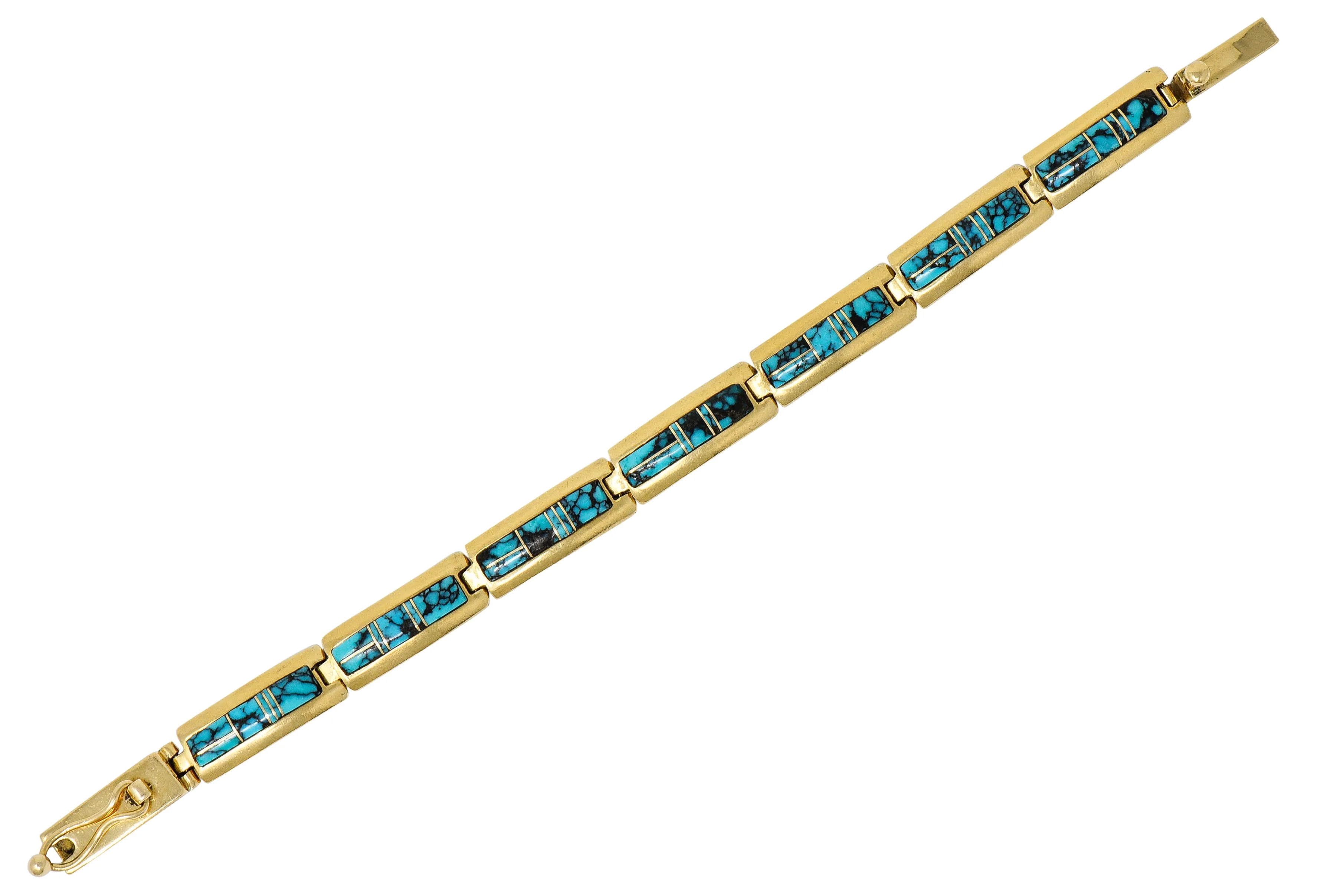 Contemporary B.G. Mudd Turquoise Inlay 14 Karat Gold Link Bracelet