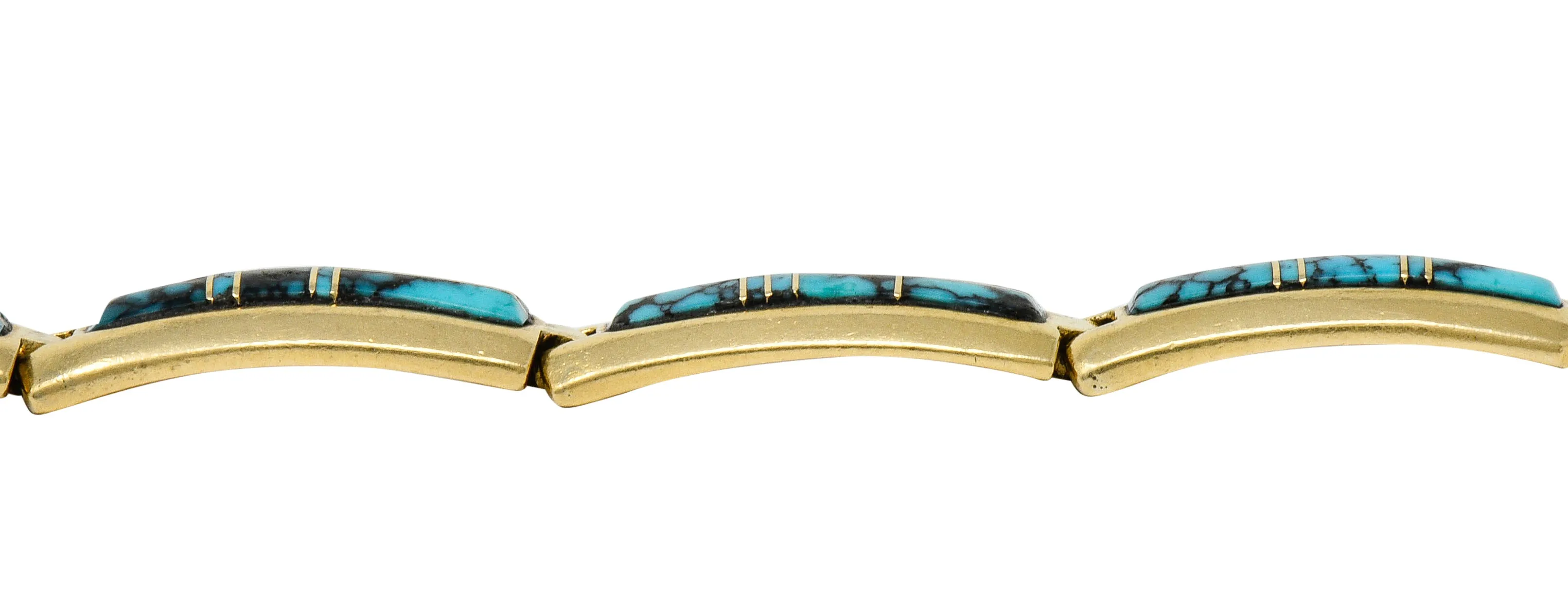 Contemporary B.G. Mudd Turquoise Inlay 14 Karat Gold Link Bracelet