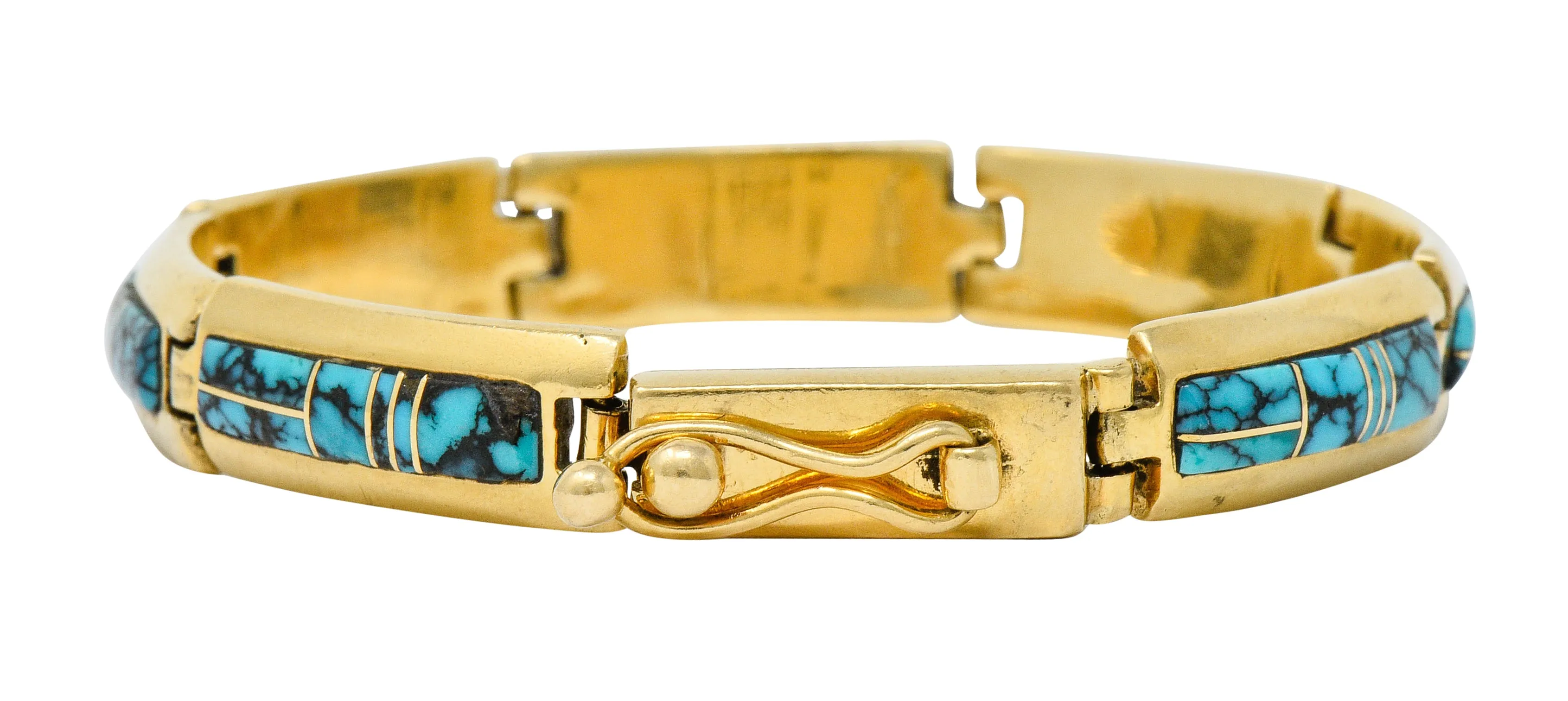 Contemporary B.G. Mudd Turquoise Inlay 14 Karat Gold Link Bracelet