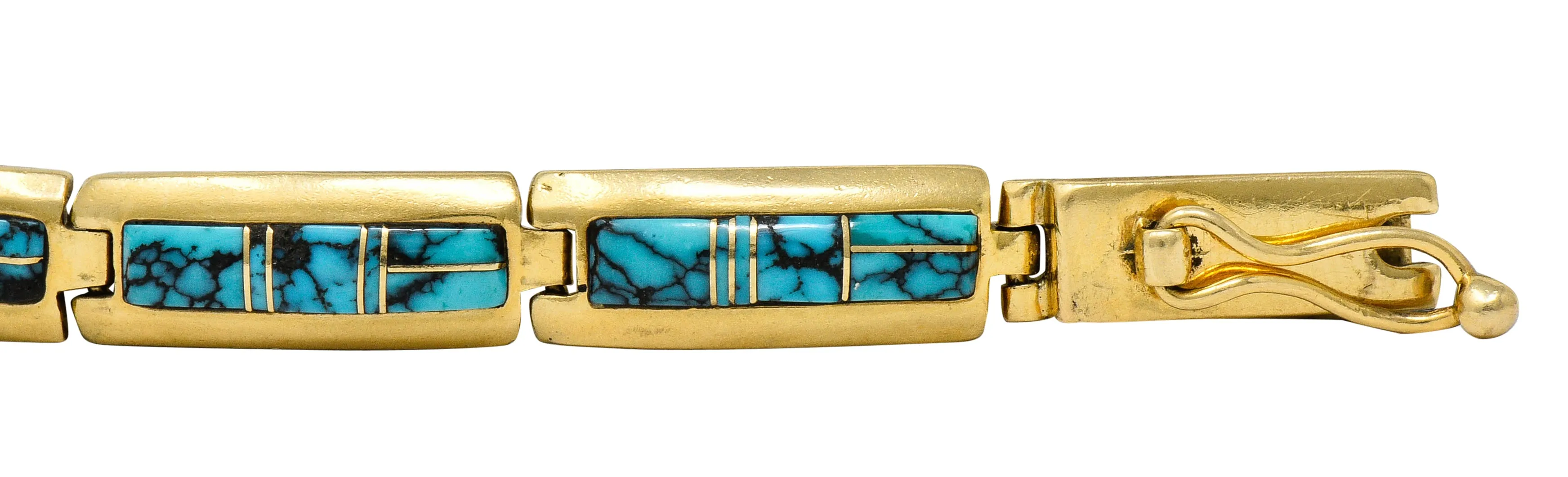 Contemporary B.G. Mudd Turquoise Inlay 14 Karat Gold Link Bracelet