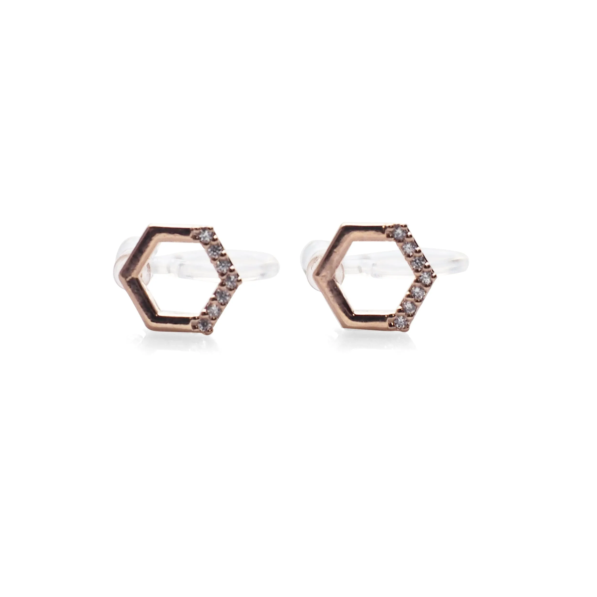 Cubic Zirconia Crystal Pave Hexagon Invisible Clip On Stud Earrings ( Rose gold tone )