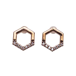 Cubic Zirconia Crystal Pave Hexagon Invisible Clip On Stud Earrings ( Rose gold tone )