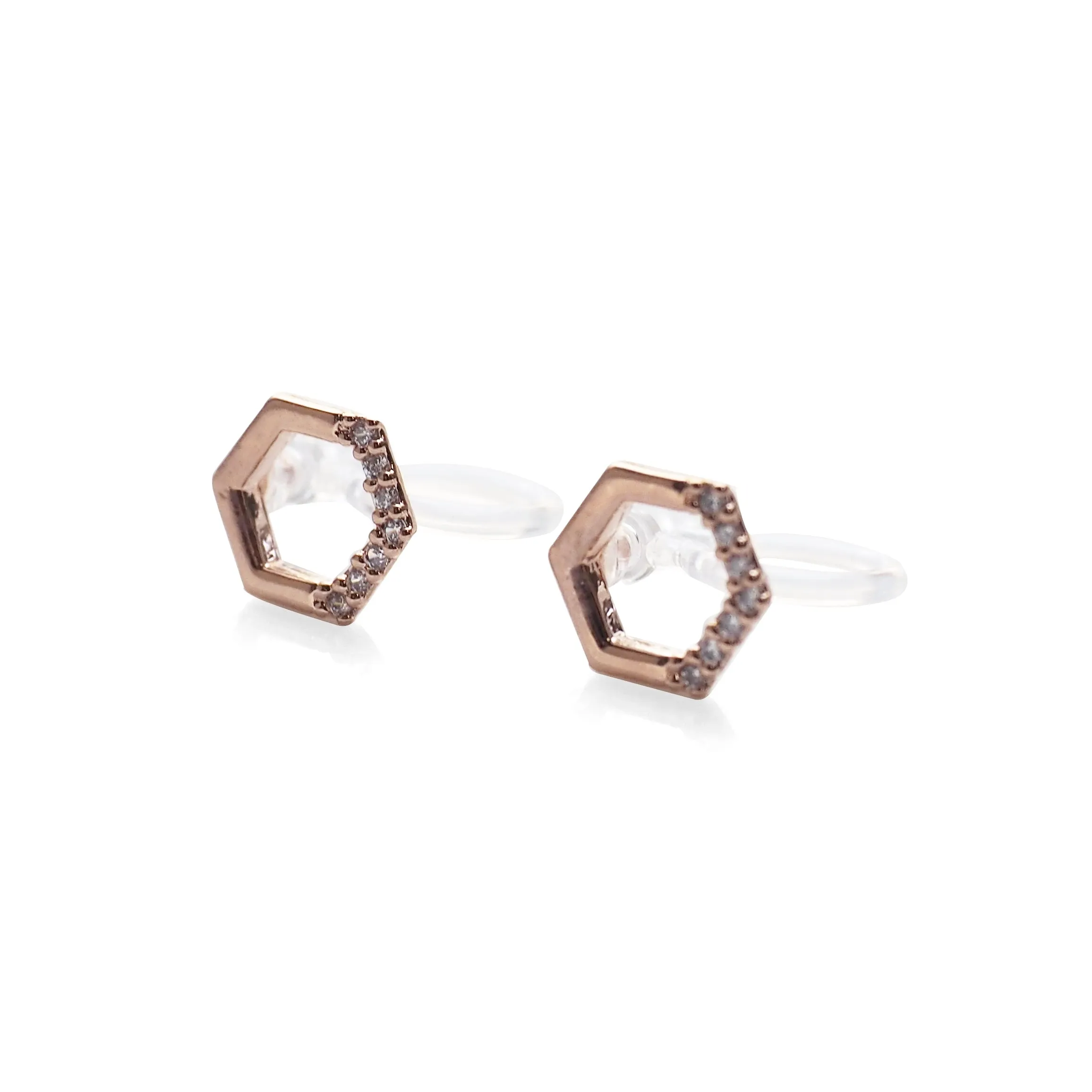 Cubic Zirconia Crystal Pave Hexagon Invisible Clip On Stud Earrings ( Rose gold tone )