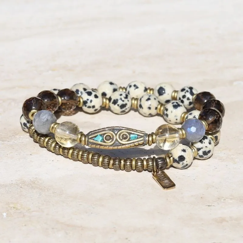 Dalmatian Jasper Smoky Quartz and Citrine Tibetan Guru Bead Mala Bracelet