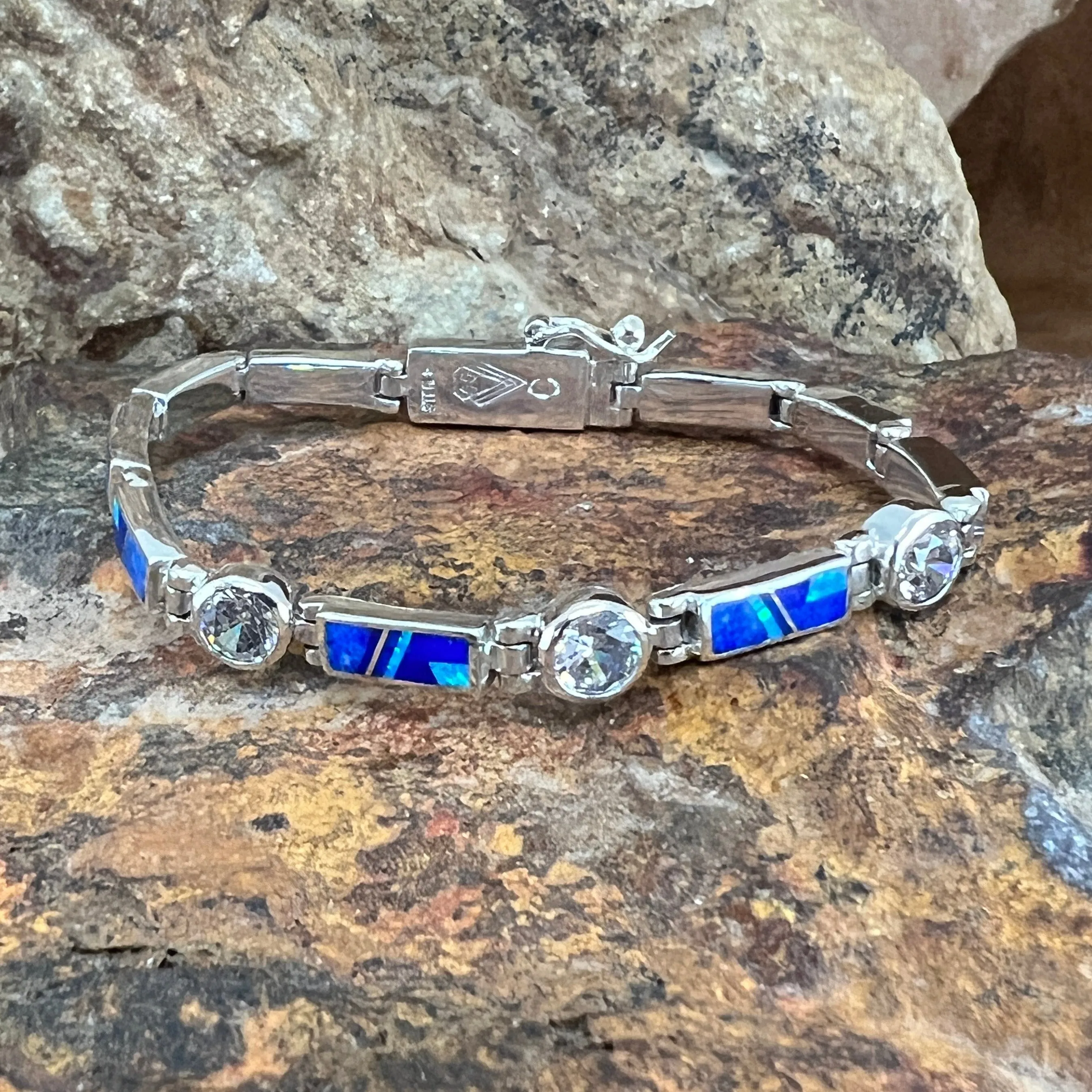 David Rosales Blue Sky Inlaid Sterling Silver Link Bracelet w/ CZ