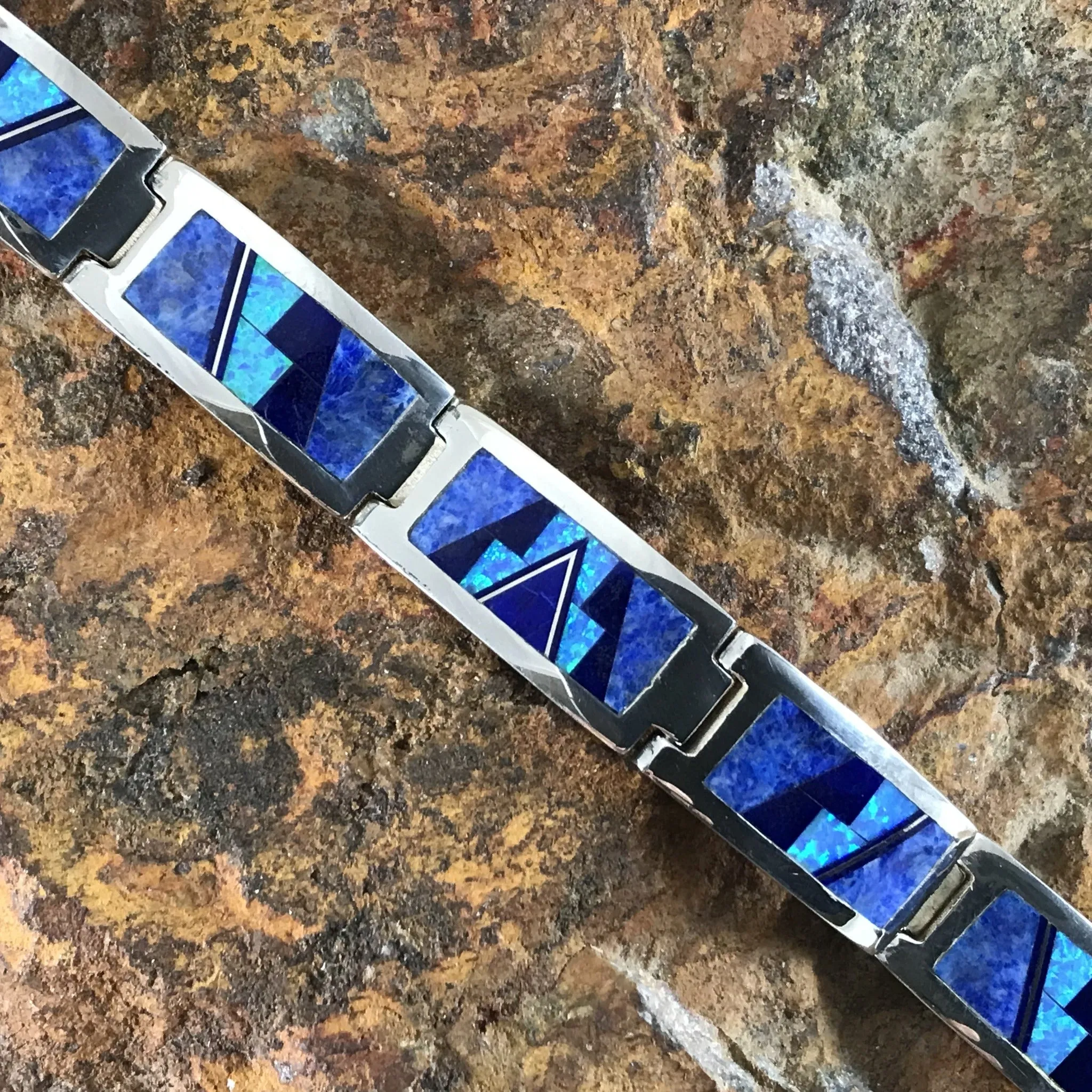 David Rosales Blue Sky Inlaid Sterling Silver Link Bracelet