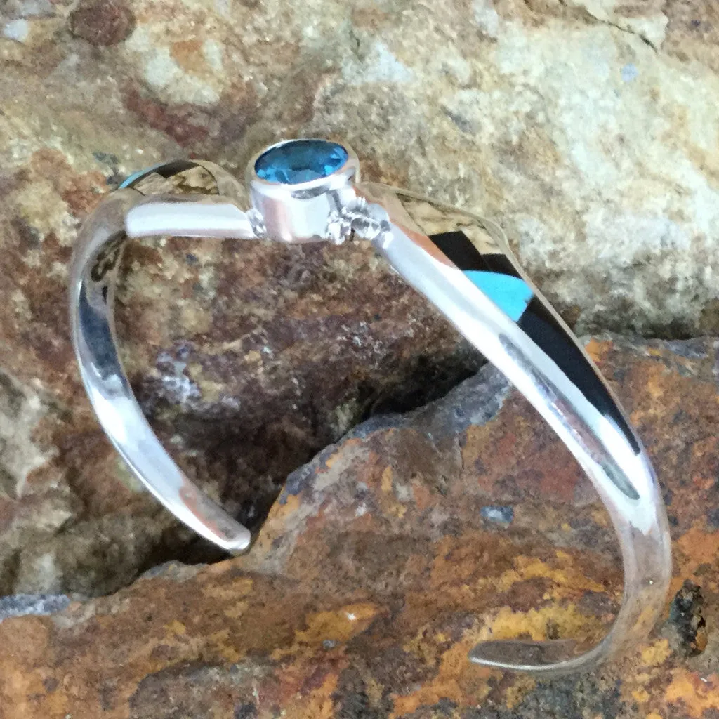 David Rosales Turquoise Creek Inlaid Sterling Silver Bracelet w/ Blue Topaz