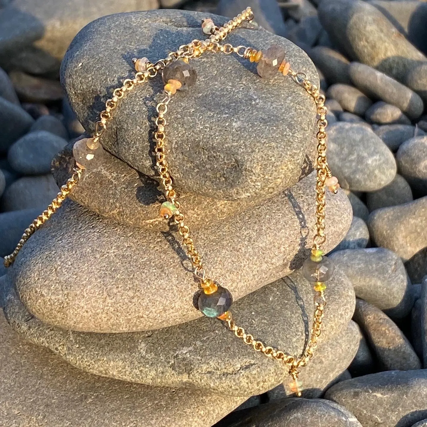 Dawn Citrine, Fire Welo Opal & Labradorite Station Necklace