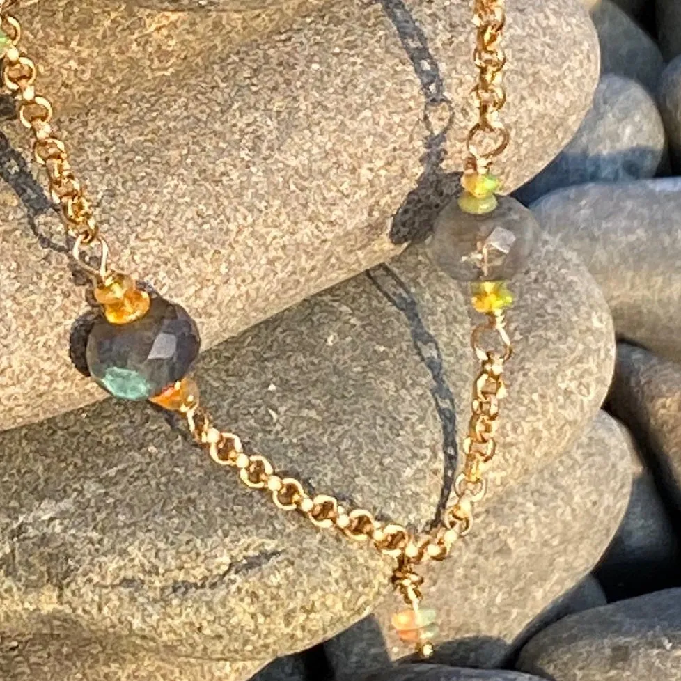 Dawn Citrine, Fire Welo Opal & Labradorite Station Necklace