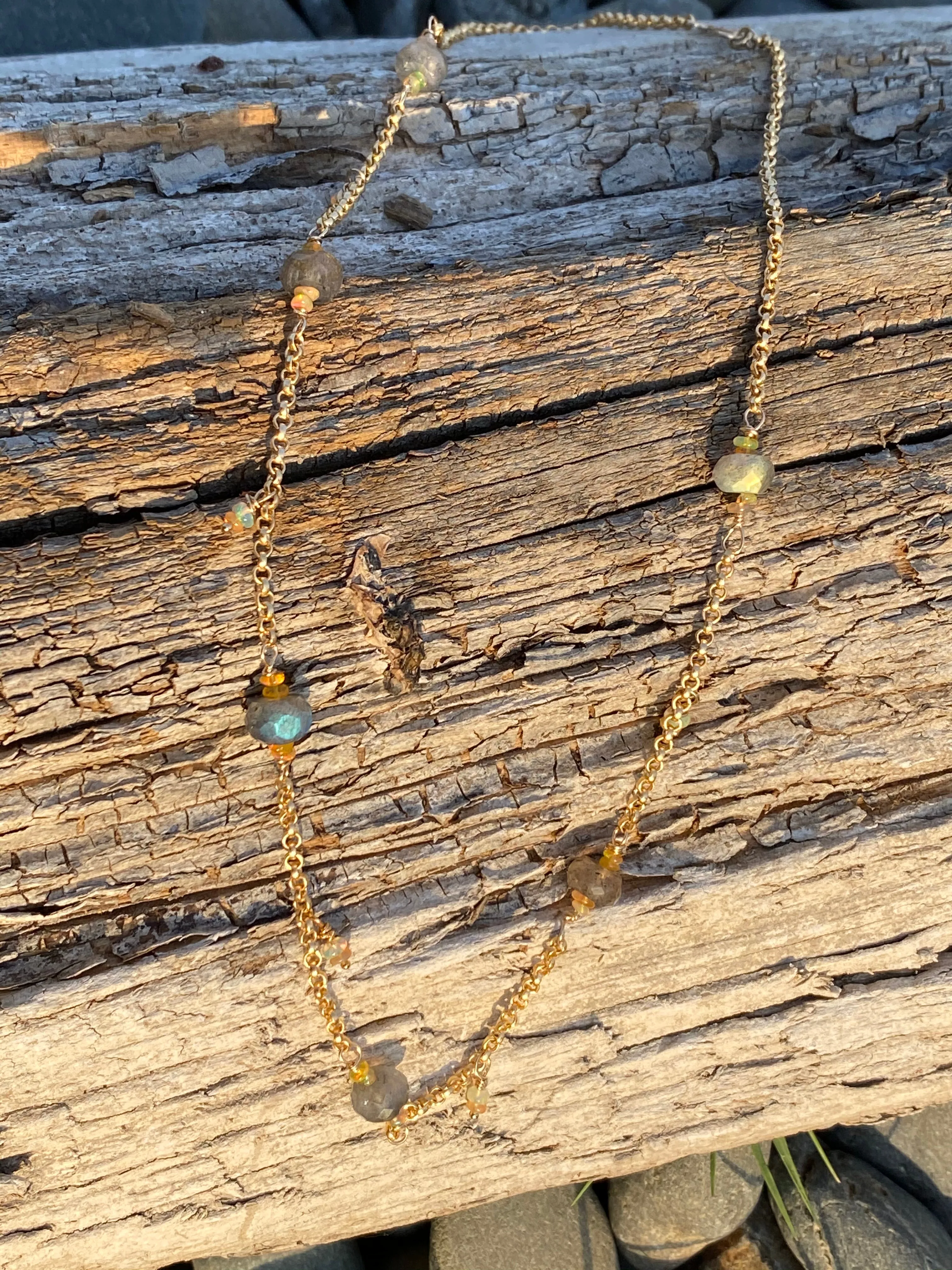 Dawn Citrine, Fire Welo Opal & Labradorite Station Necklace