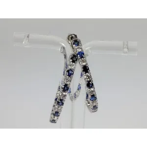 Diamond and Blue Sapphire Hoop Earrings in 14K White Gold, Made in the USA