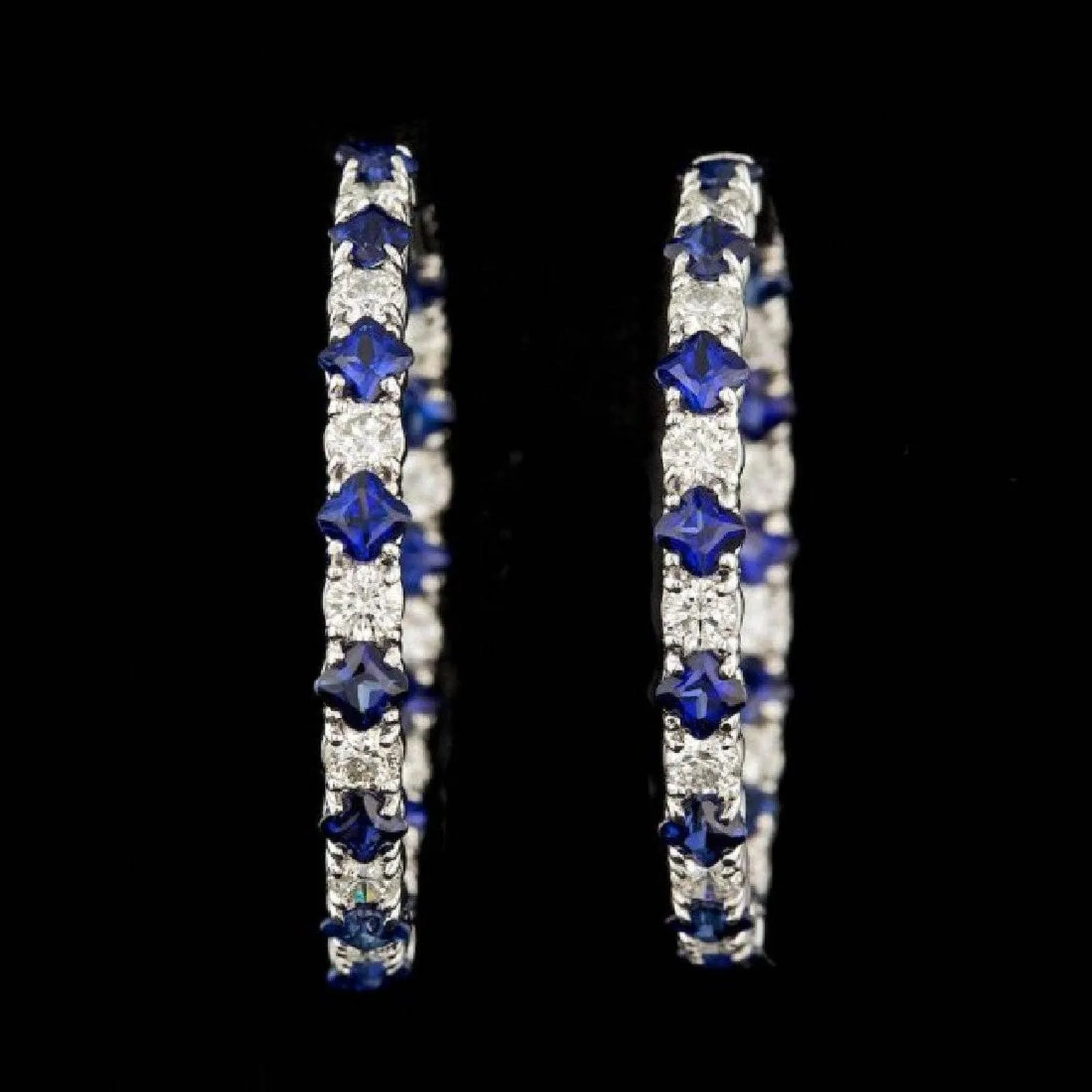 Diamond and Blue Sapphire Hoop Earrings in 14K White Gold, Made in the USA