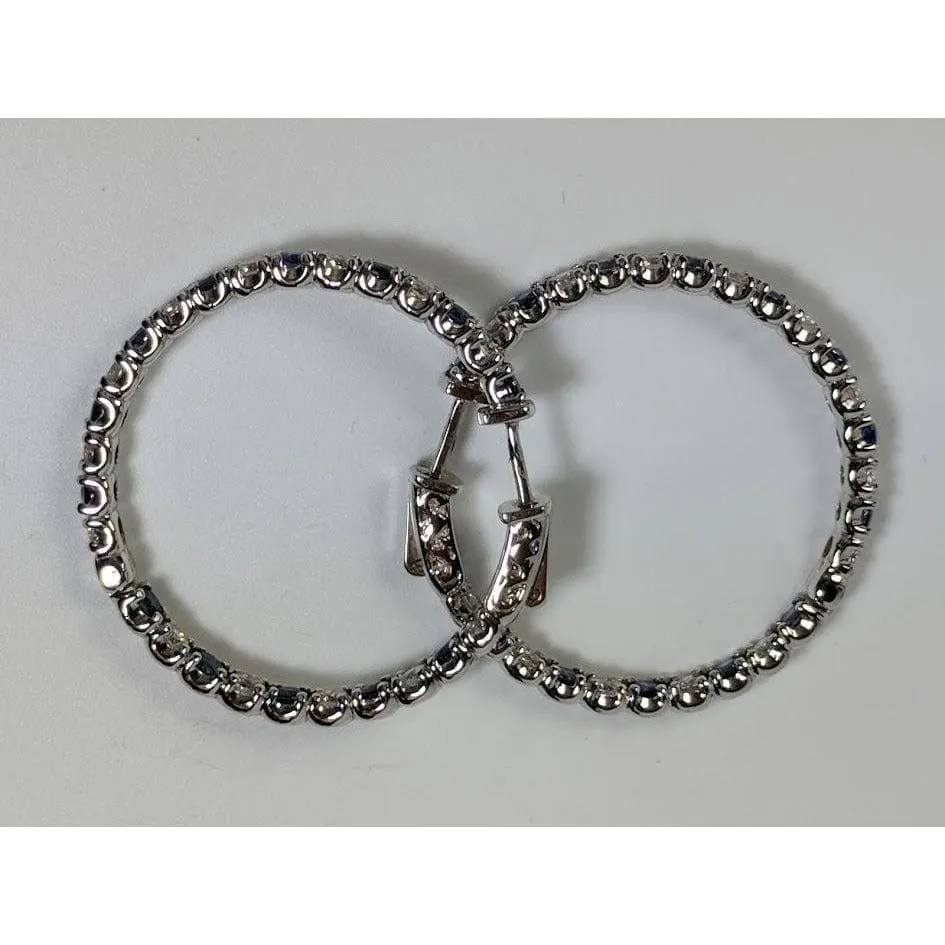 Diamond and Blue Sapphire Hoop Earrings in 14K White Gold, Made in the USA