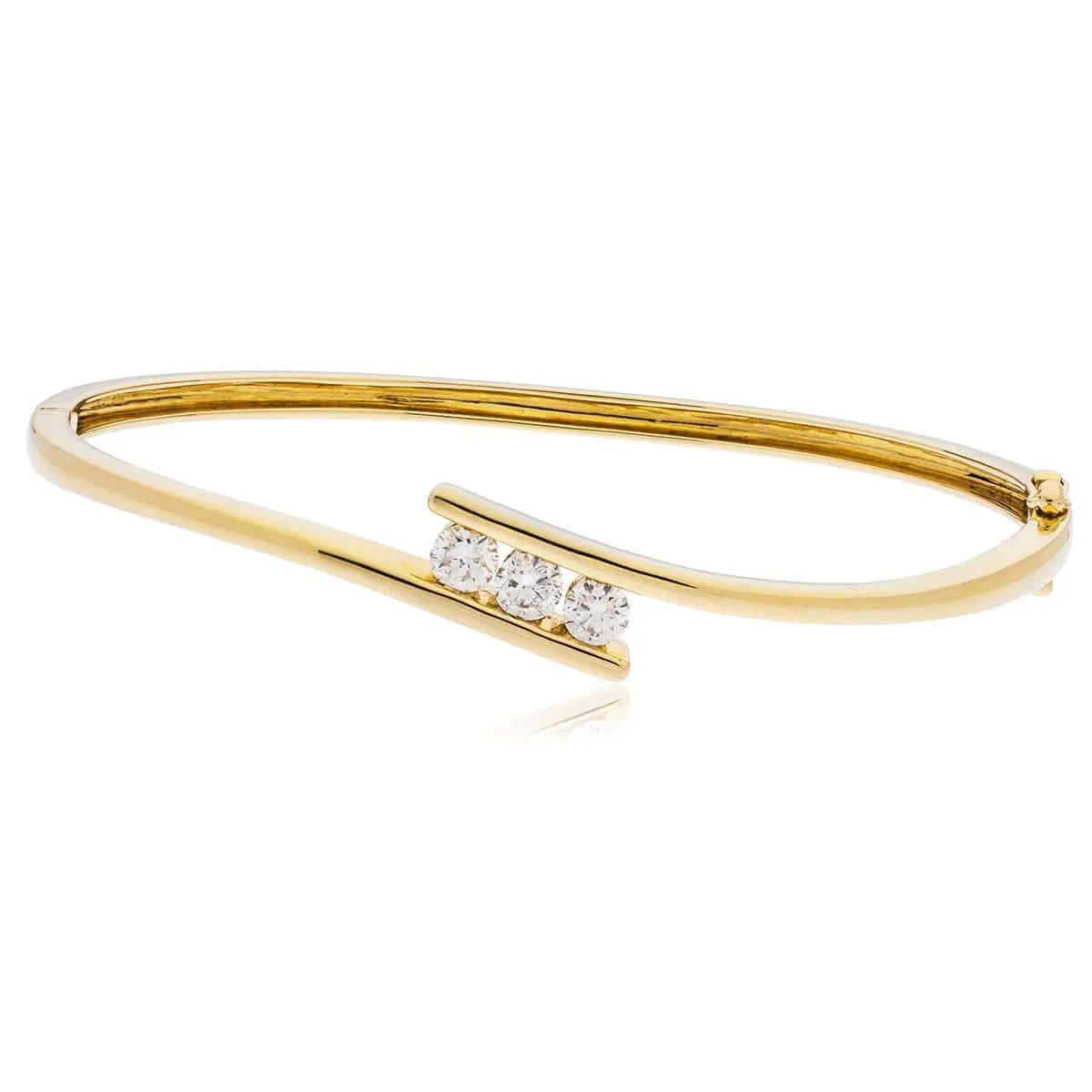 DIAMOND THREE STONE CROSS OVER BANGLE IN 18K YELLOW GOLD