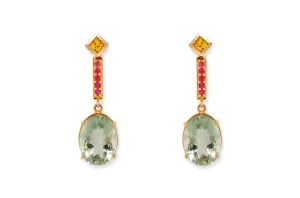 Earrings 18kt Gold Sapphires with Oval Green Amethyst