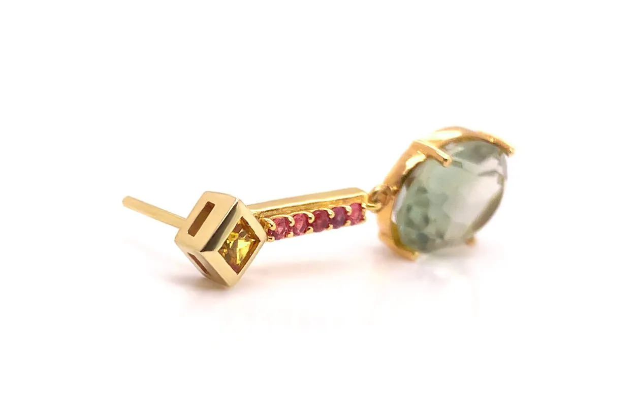 Earrings 18kt Gold Sapphires with Oval Green Amethyst