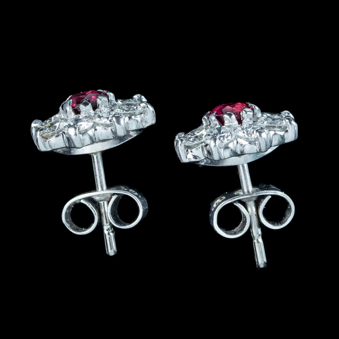 Edwardian Style Ruby Diamond Flower Stud Earrings 18ct Gold