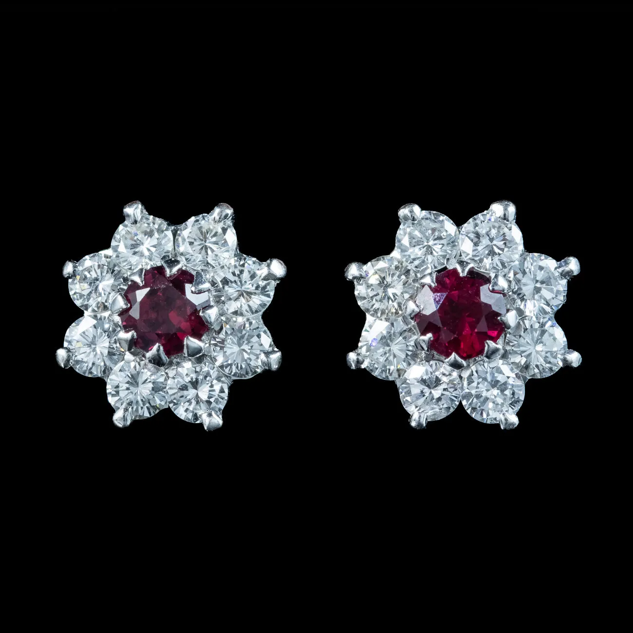 Edwardian Style Ruby Diamond Flower Stud Earrings 18ct Gold