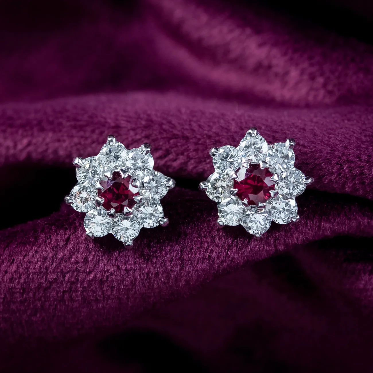 Edwardian Style Ruby Diamond Flower Stud Earrings 18ct Gold