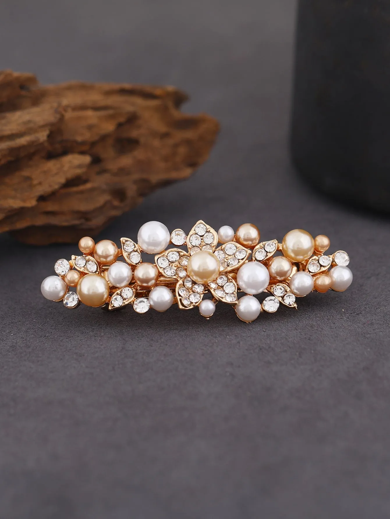 Faux Pearl & Rhinestone Decor Flower Element French Clip for Women Barrette