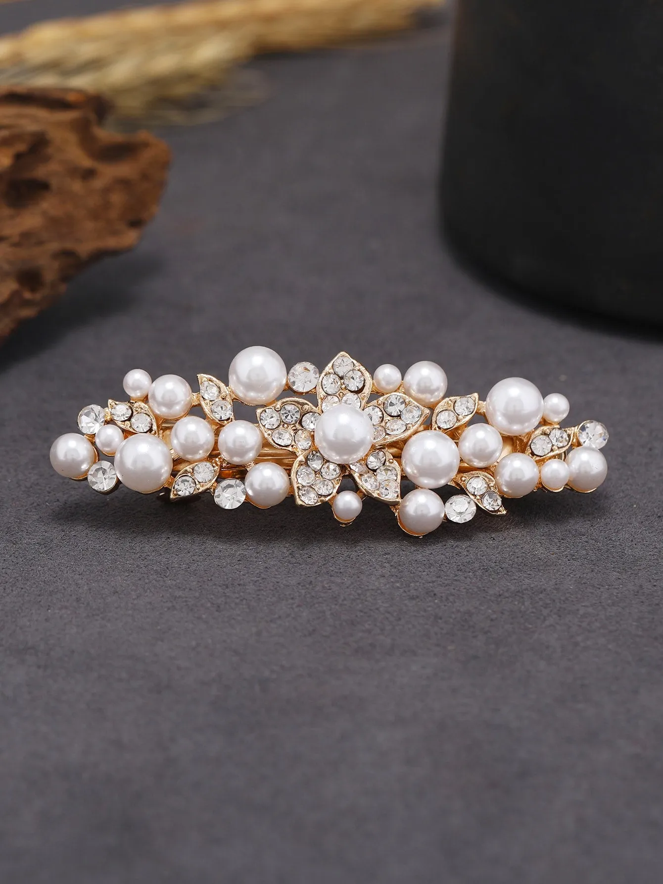 Faux Pearl & Rhinestone Decor Flower Element French Clip for Women Barrette