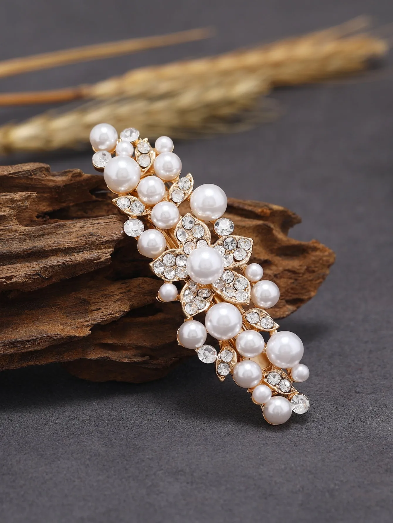 Faux Pearl & Rhinestone Decor Flower Element French Clip for Women Barrette