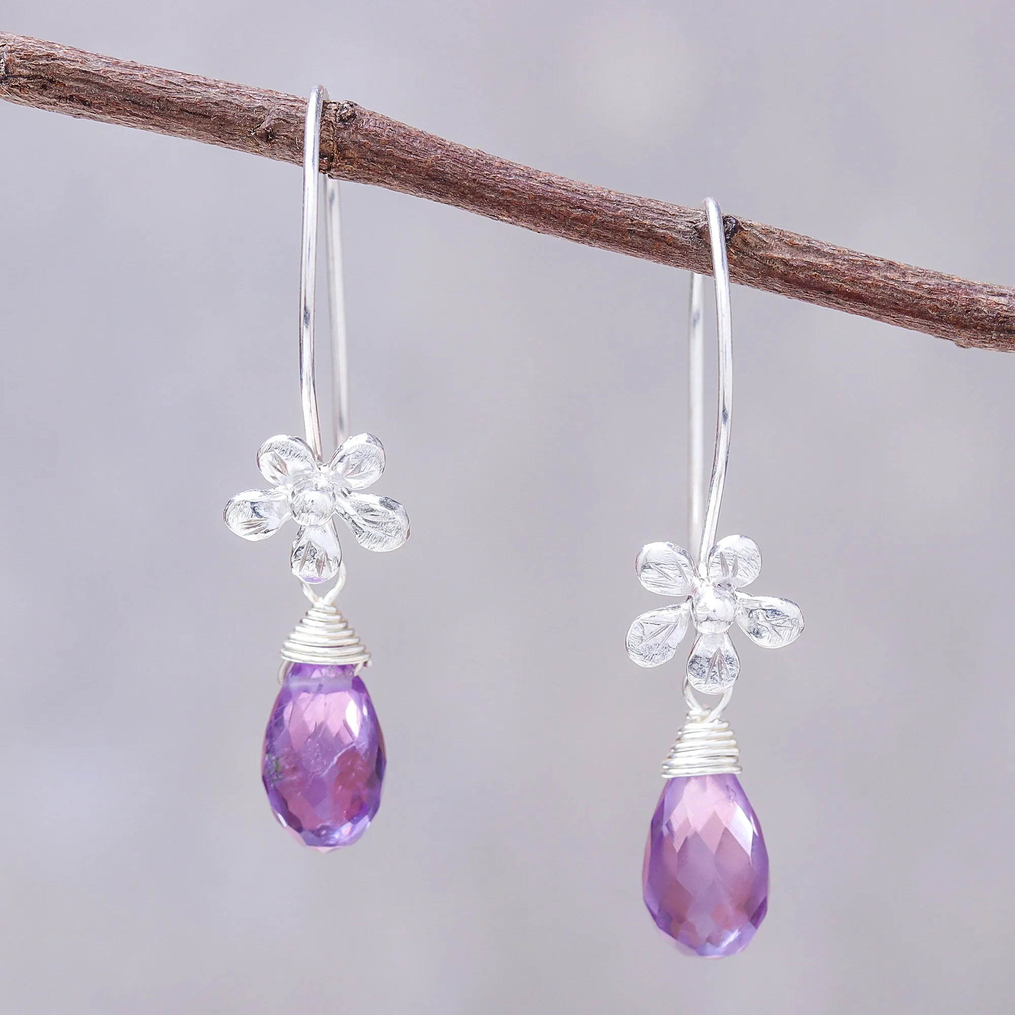 Floral Faceted Amethyst Dangle Earrings from Thailand - Daisy Glitter | NOVICA