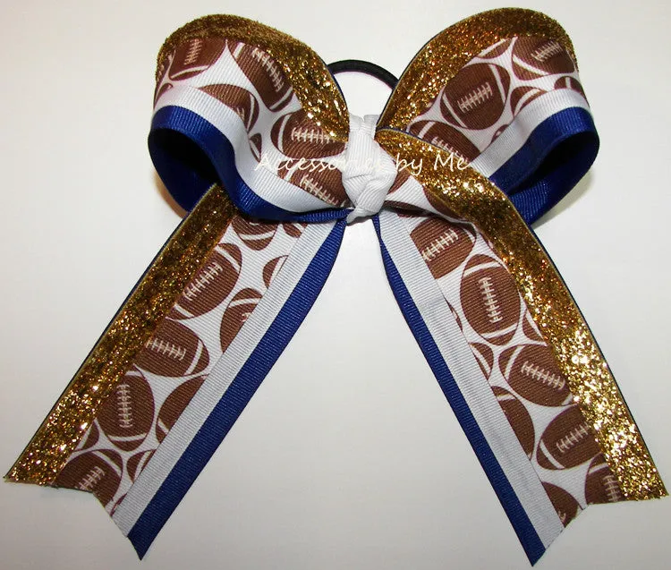 Football Royal Blue Gold Ponytail Bow