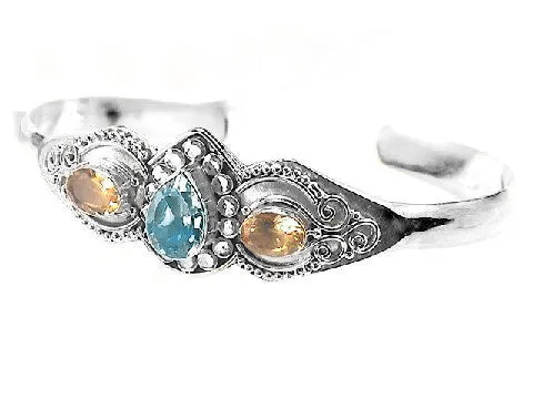 Genuine Citrine and Blue Topaz Sterling Silver Cuff Bracelet