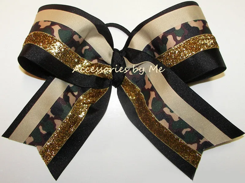 Glitter Camouflage Green Gold Cheer Bow