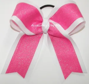 Glitter Hot Pink White Cheer Ponytail Bow