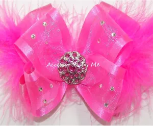 Glitzy Hot Pink Organza Marabou Hair Bow