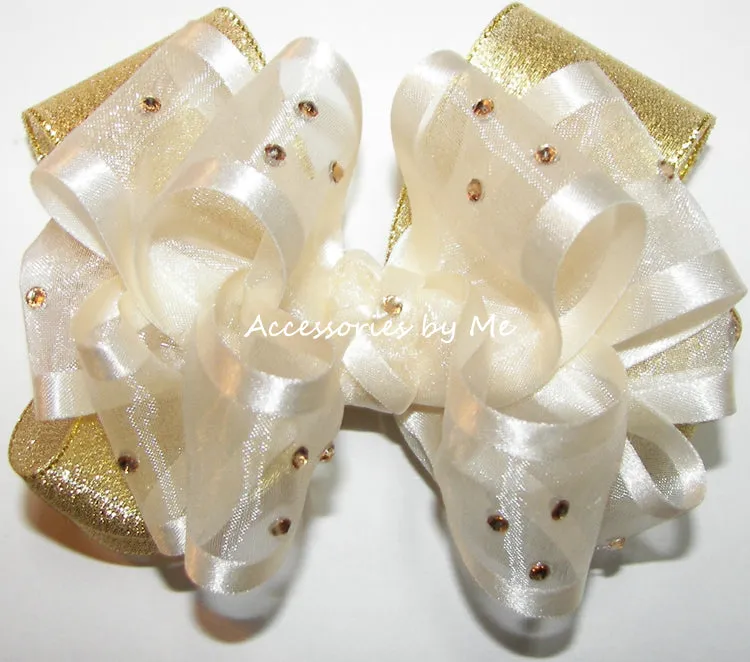 Glitzy Ivory Gold Metallic Hair Bow