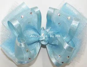 Glitzy Light Blue Organza Tulle Satin Hair Bow