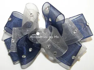 Glitzy Navy Blue Silver Organza Hair Bow