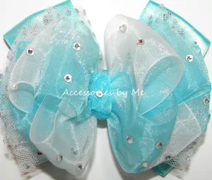 Glitzy Turquoise White Organza Tutu Hair Bow