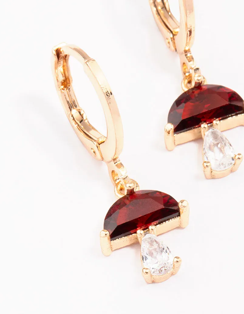 Gold Ruby Mushroom Drop Huggie Hoop Earrings