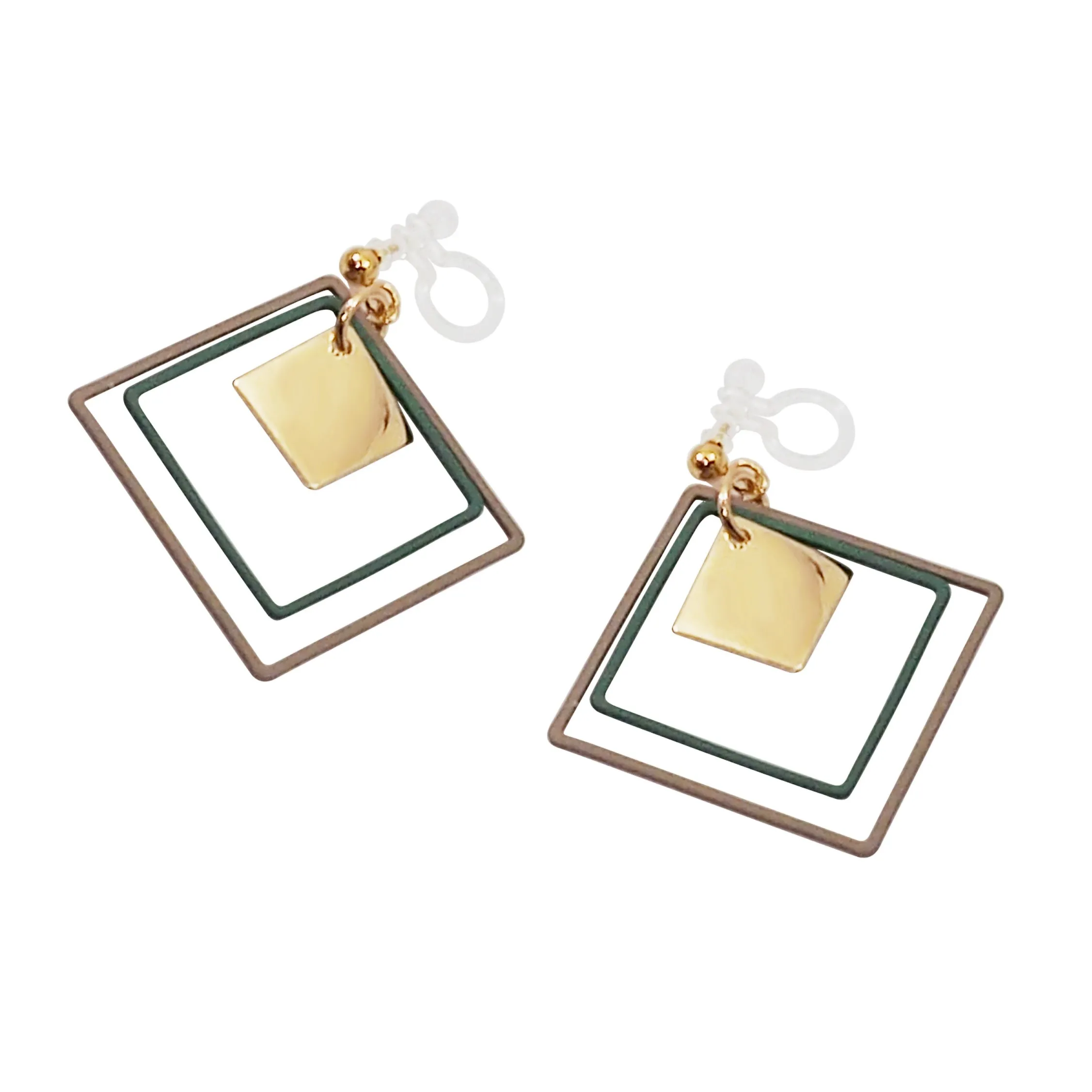 Green and Beige Square Hoop Invisible Clip On Earrings